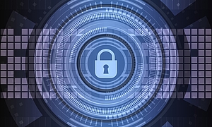 Ein zentrales, stilisiertes Vorhängeschloss auf einem digitalen Hintergrund mit kreisförmigen Elementen. Der Hintergrund besteht aus sich wiederholenden geometrischen Mustern in Blautönen, die Sicherheit und Schutz symbolisieren.