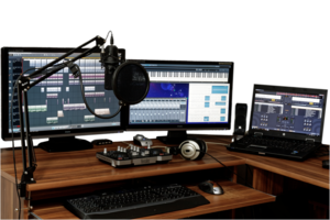 Ein modernes Musikproduktionssetup mit zwei Monitoren, einem Mikrofon auf einem Ständer, einem Mischpult und einem Laptop. Die Bildschirme zeigen Musiksoftware und digitale Audio-Workstations. Es vermittelt die Stimmung eines kreativen Arbeitsbereichs für Musik- oder Audioaufnahme.