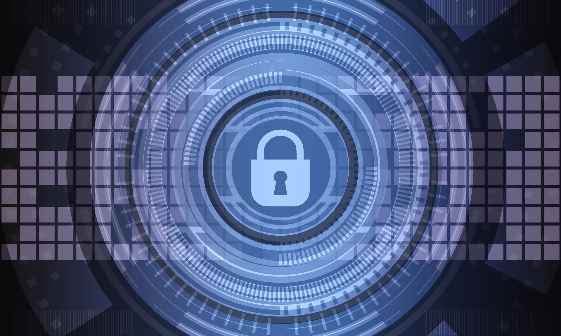 Ein stilisiertes Sicherheitssymbol in Form eines Schlosses auf einem blauen, kreisförmigen Hintergrund. Der Hintergrund ist mit grafischen Linien und Mustern verziert, die digitale Sicherheit und Schutz symbolisieren.