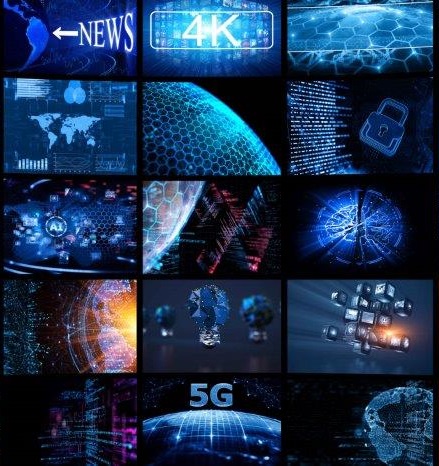 A visually engaging collage featuring digital technology themes, including 4K displays, global maps, data security, artificial intelligence, and the concept of 5G. The imagery emphasizes connections and advancements in communication and technology in a blue and futuristic aesthetic.