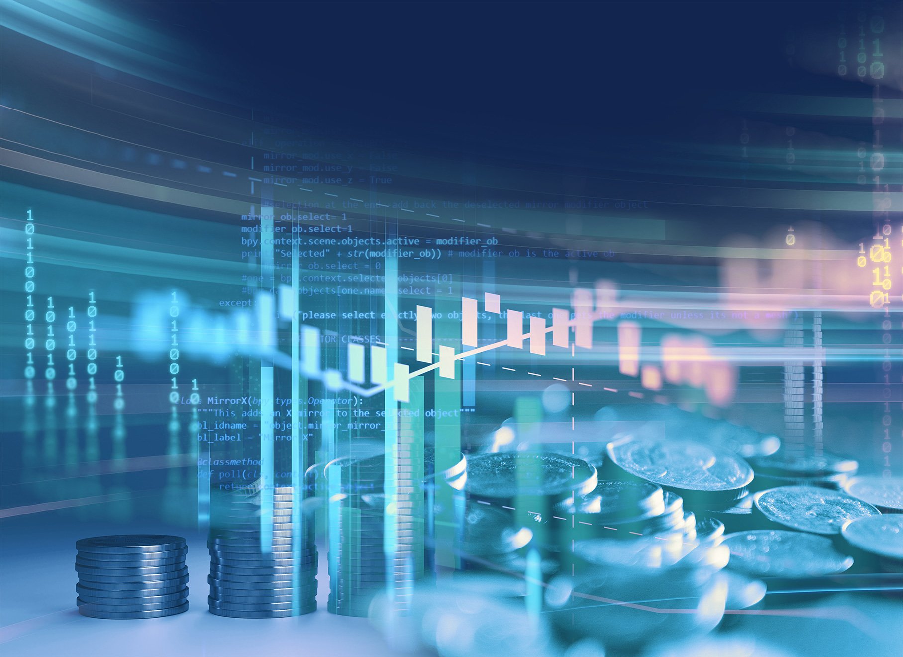 Eine digitale Darstellung von Finanzdaten, die Gewinne und Verluste zeigt. Im Vordergrund sind Münzen und gestapelte Geldscheiben zu sehen. Grafiken und Programmiercode im Hintergrund verdeutlichen die Verbindung zwischen Finanzmärkten und Technologie.