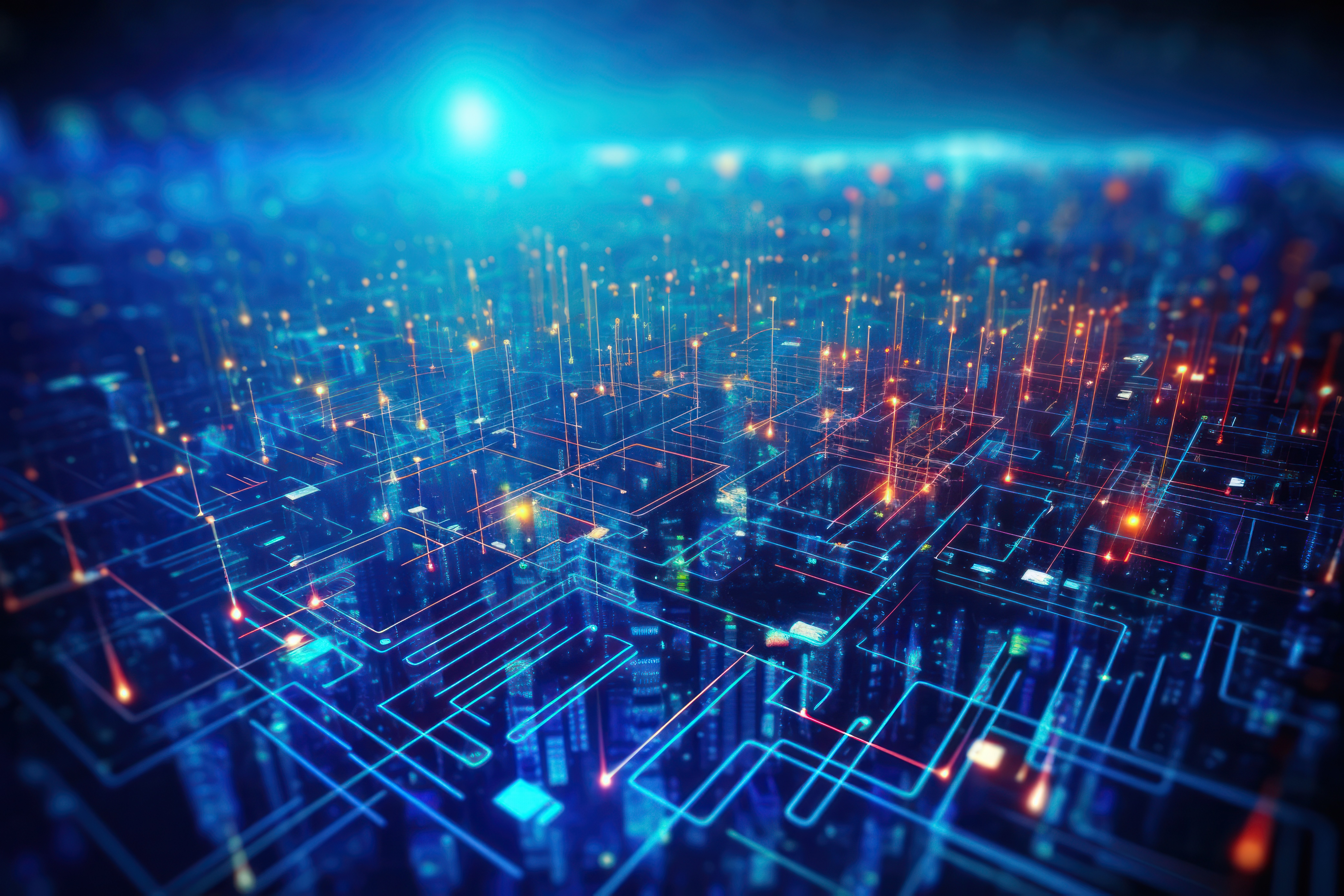 An abstract representation of a digital landscape features interconnected lines and circuits illuminated by glowing lights. The background transitions from deep blue to vibrant lights, evoking a sense of technology and innovation in a networked environment.