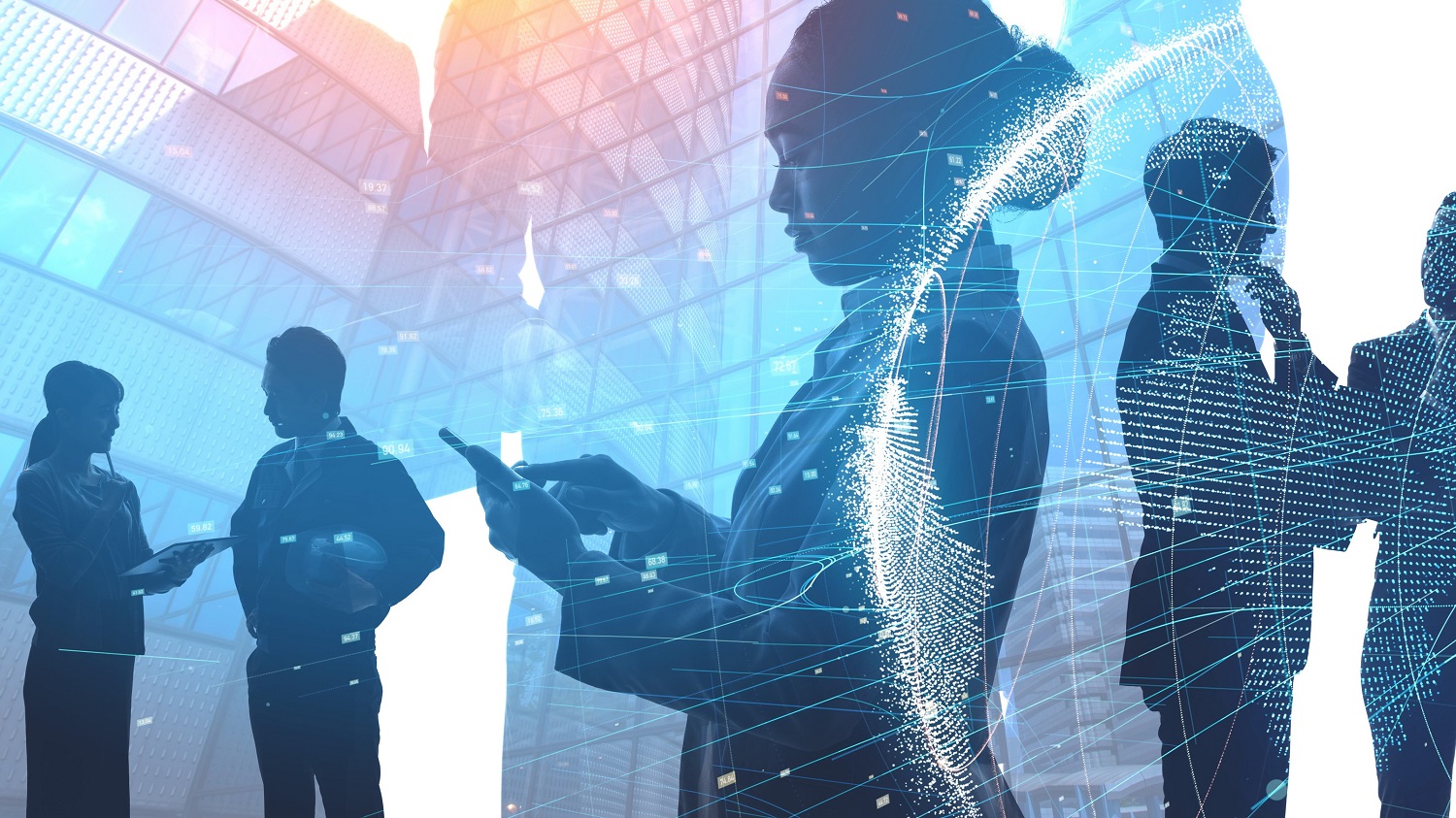 Silhouettes of business professionals engage in conversation and use digital devices against a backdrop of modern architecture and abstract graphics. The image conveys collaboration and the integration of technology in a professional environment.