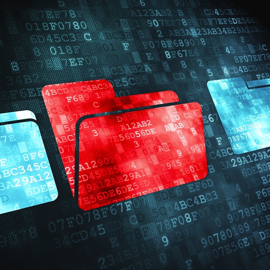 Ein digitales Bild zeigt drei Aktenordner in verschiedenen Farben: zwei rot und einen hellblau. Im Hintergrund sind Zahlen und Buchstaben zu sehen, die eine Matrix oder digitale Daten darstellen. Die Ordner symbolisieren die Organisation oder Speicherung von Informationen.