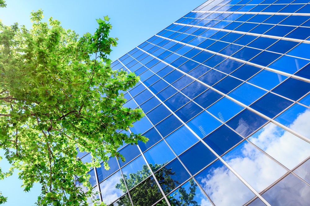A large glass building reflects the blue sky and clouds. In the foreground, a leafy tree adds a touch of greenery, contrasting with the cool tones of the structure. The upward angle emphasizes the height of the building and its modern design.