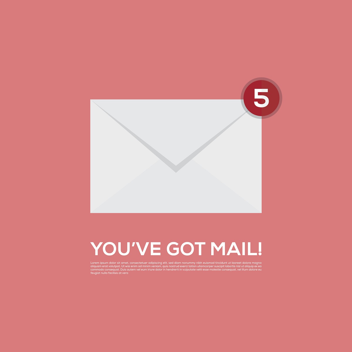 Weißer Briefumschlag auf einem pinken Hintergrund mit einer Benachrichtigungsmarkierung, die die Zahl "5" zeigt. Darunter steht der Text "YOU'VE GOT MAIL!" in großen, fettgedruckten Buchstaben.