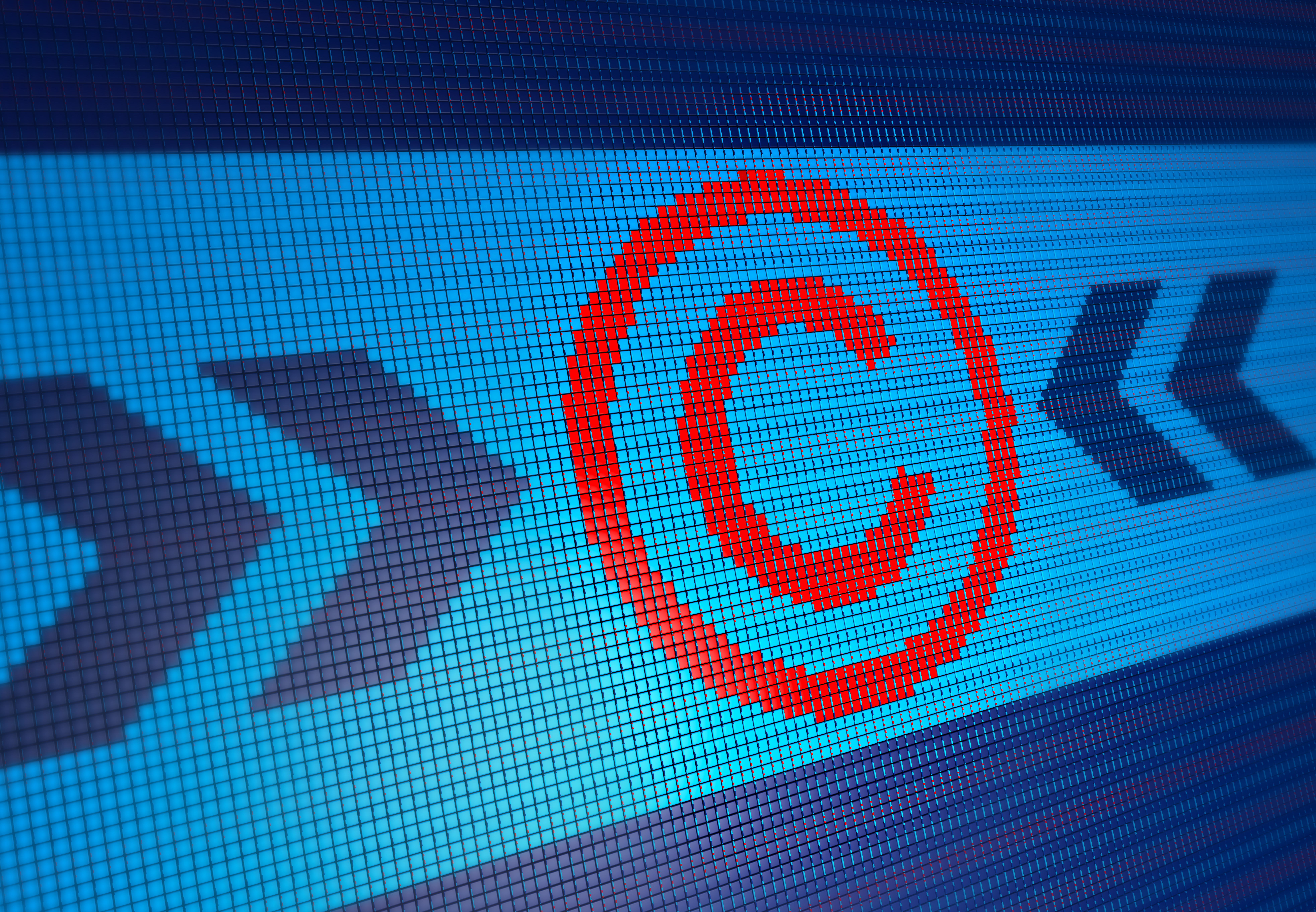 Eine digitale Darstellung eines Copyright-Symbols in roter Farbe, umgeben von blauen und grauen Pfeilen, die in verschiedene Richtungen zeigen. Der Hintergrund ist in unterschiedlichen Blautönen gestaltet, was dem Bild Tiefe und Struktur verleiht.
