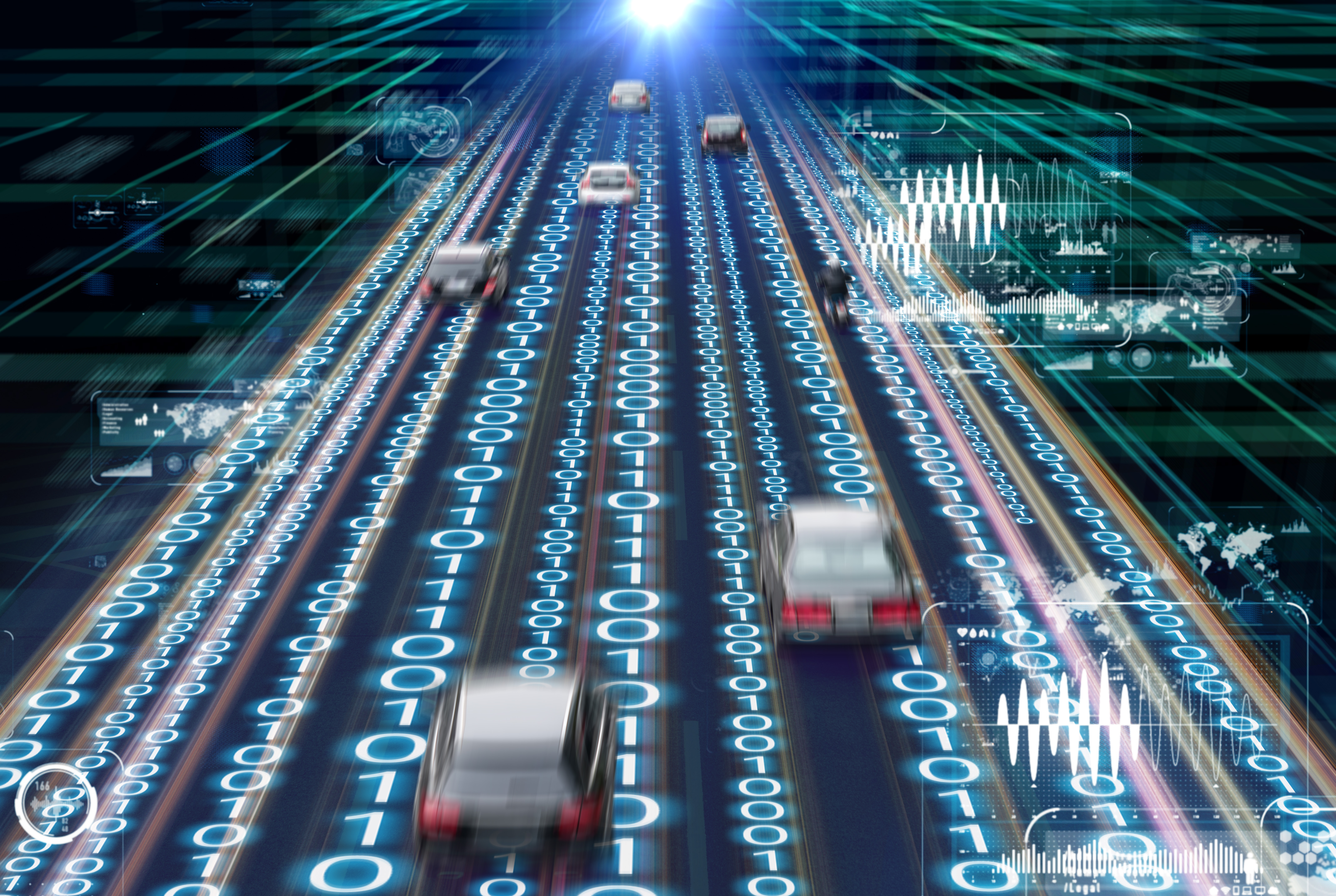 Die Illustration zeigt eine digitale Autobahn, auf der Autos fahren. Der Straßenbelag ist mit binären Zahlen verziert, die einen technologischen Aspekt symbolisieren. Im Hintergrund sind verschiedene Datenvisualisierungen angedeutet, was auf die Verbindung zwischen Mobilität und digitaler Information hinweist.