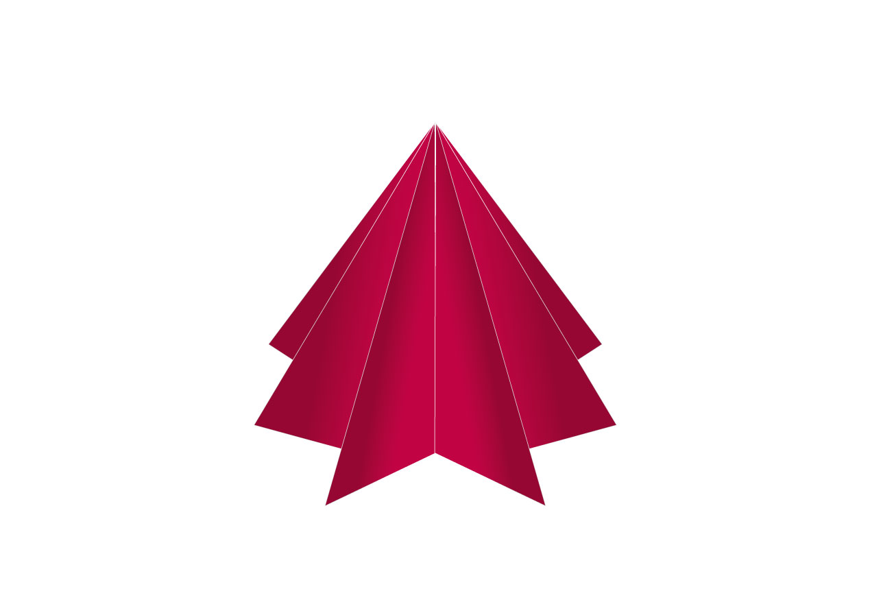 Eine stilisierte, rote Weihnachtsbaum-Silhouette zeigt eine spitze Form mit mehreren geschwungenen Seiten, die nach unten weiten. Der Hintergrund ist weiß, was die Baumform betont.