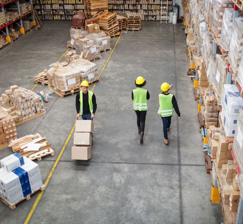 Drei Arbeiter in einem Lagerhaus, zwei tragen Sicherheitswesten und Helme. Ein Arbeiter schiebt einen Wagen mit Kisten, während die anderen beiden in die entgegengesetzte Richtung gehen. Im Hintergrund sind Regale mit weiteren Kartons und Paletten sichtbar.
