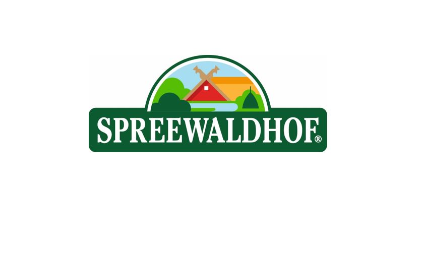 Logo of Spreewaldhof featuring an image of a rural landscape with a red house, trees, and a horse silhouette on a colorful background. The brand name "SPREEWALDHOF" is displayed prominently in white text on a green banner below the illustration.