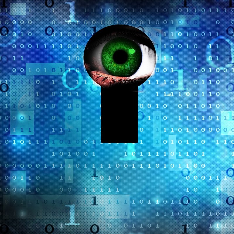 Ein Schlüsselloch mit einem herausragenden grünen Auge im Zentrum, vor einem Hintergrund aus Binärcode. Das Bild symbolisiert die Themen Überwachung und Datensicherheit.