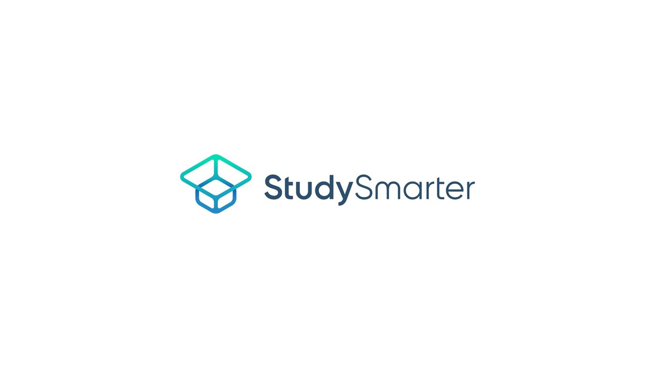 Logo of StudySmarter, featuring the name "StudySmarter" in modern font. A stylized, geometric icon resembling an open box is positioned above the text, with a gradient transitioning from green to blue. The background is plain white, emphasizing the logo’s clean and professional design.